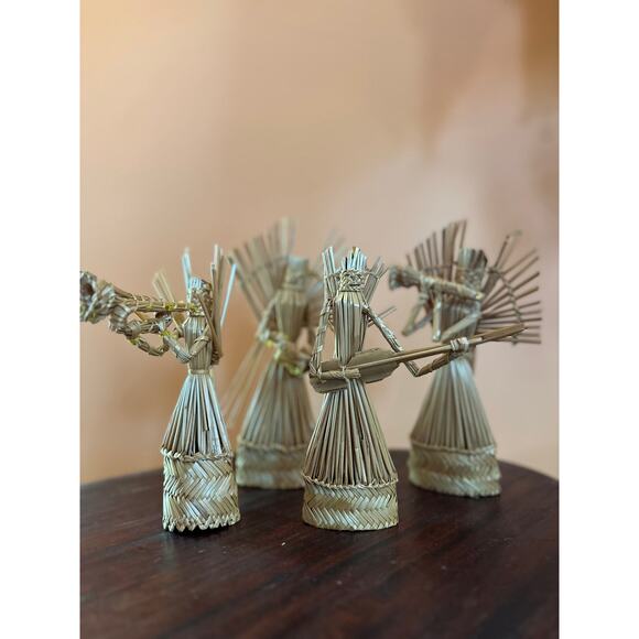 Vintage Boho Christmas Rattan Angels with Instruments Set of 4 - Picture 8 of 16